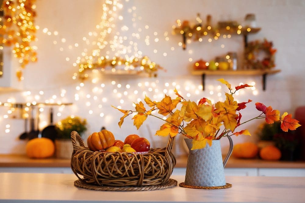 Autumn,Kitchen,Interior.,Red,And,Yellow,Leaves,And,Flowers,In
