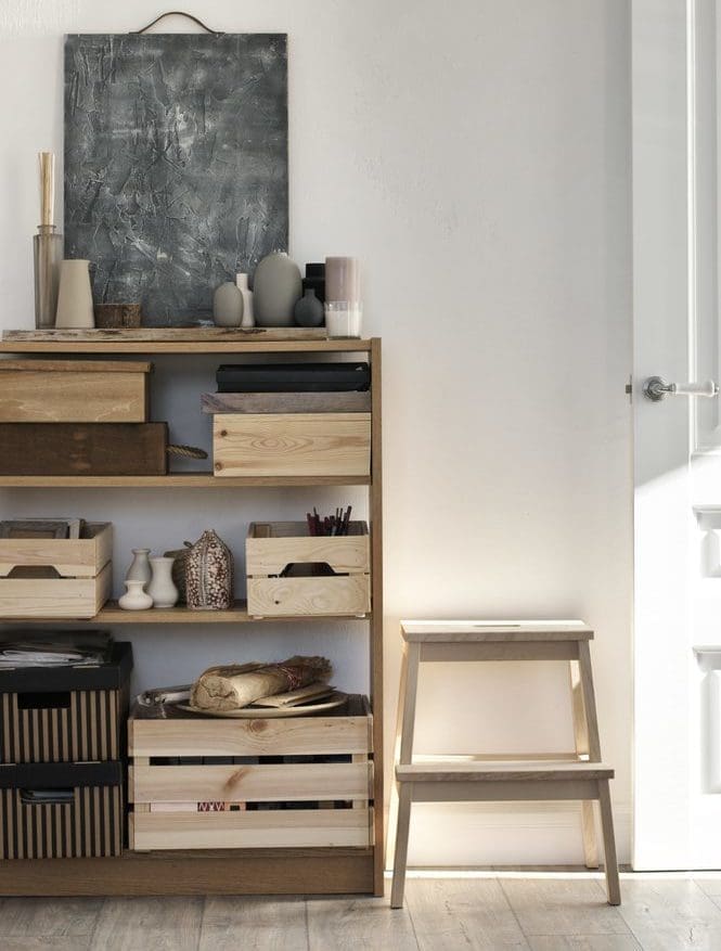 Simple,Home,Interior,Details:,Storage,Furniture,With,Shelves,,Wood,Stool