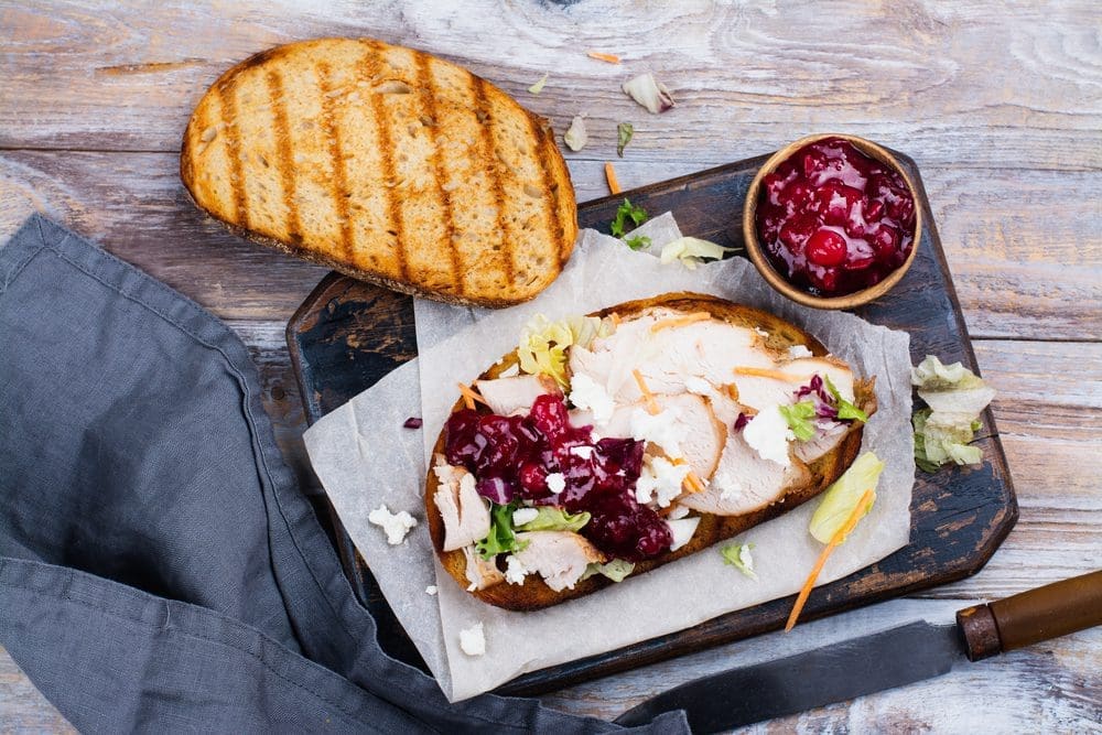 Homemade,Leftover,Thanksgiving,Day,Sandwich,With,Turkey,,Cranberry,Sauce,,Feta