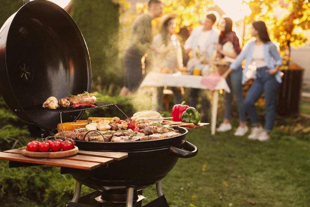 Group,Of,Friends,Having,Party,Outdoors.,Focus,On,Barbecue,Grill